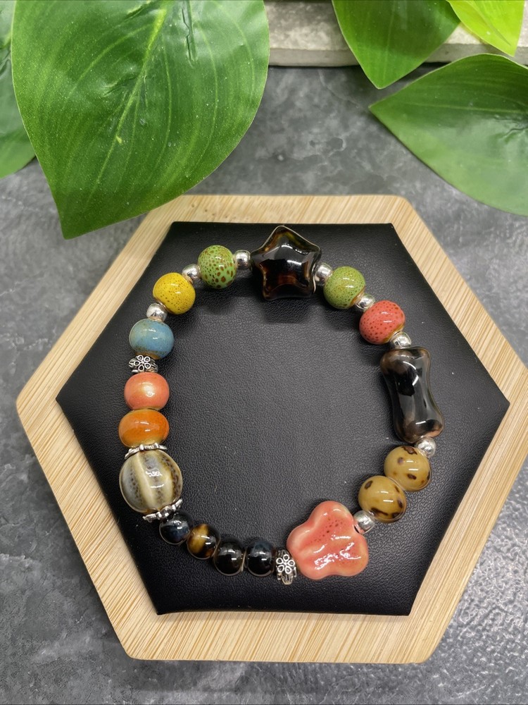 Handmade Ceramic Bead Beaded Stackable 6.5” Plus Stretch Bracelet New B297