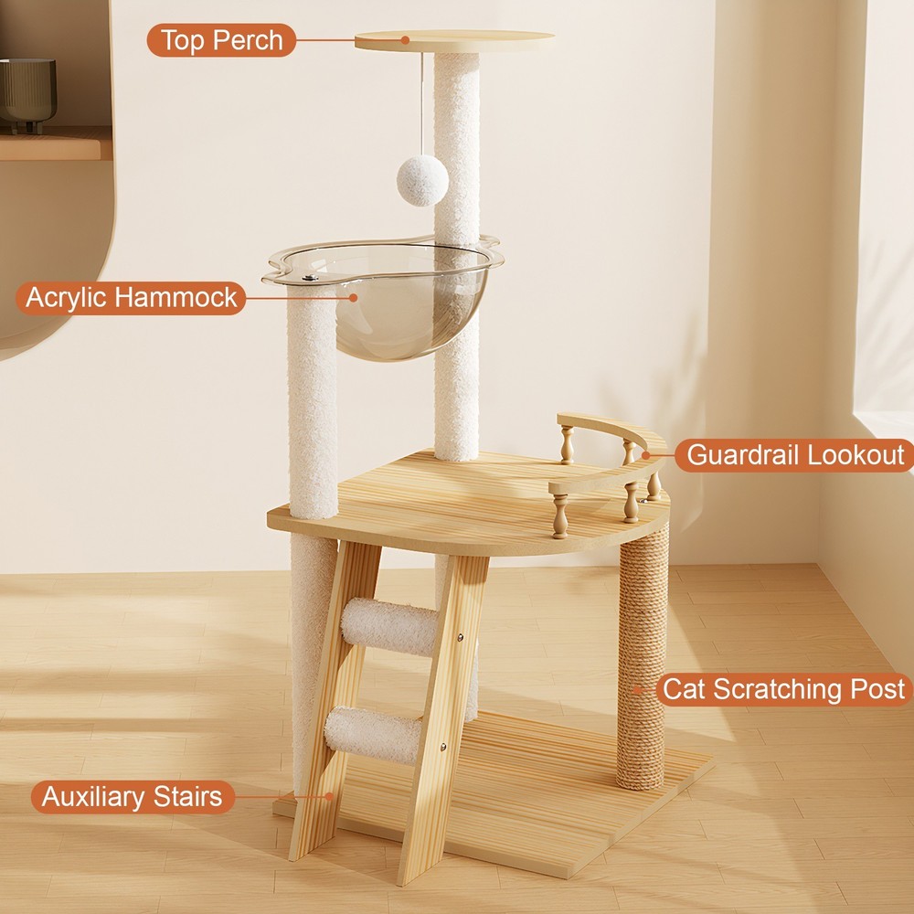 Modern Cat Tower 41.3" Wood Cat Tree with Scratching Posts Perch Hammock