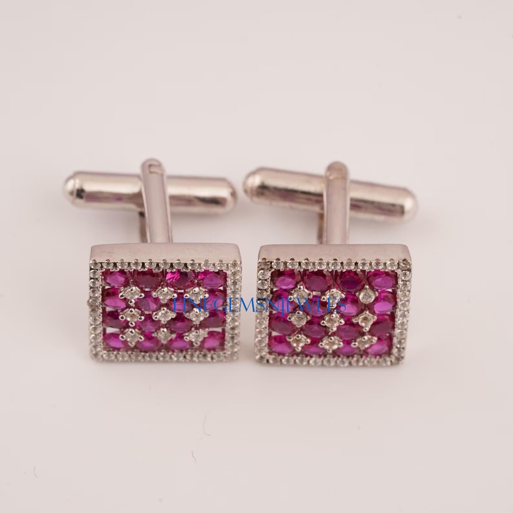 Natural Ruby & topaz Gemstones with 925 Sterling Silver Cufflinks for Gift #598