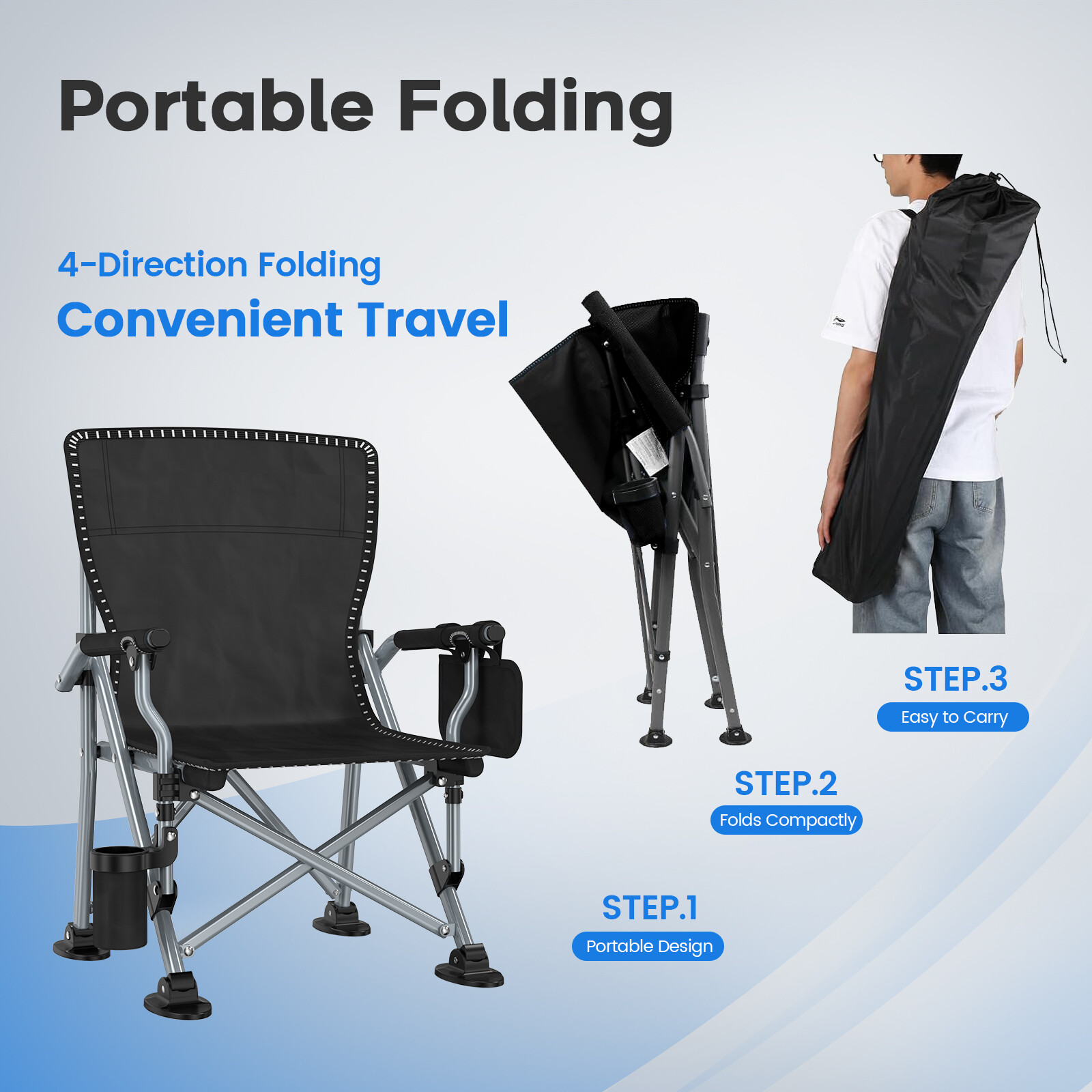 Blue Portable Camping Chair Heavy Duty Folding Chair w/ Cup Holder Oversized