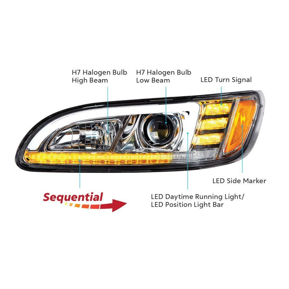 Chrome Projection Headlight w/ LED Sequential Turn-DRL f/ Peterbilt - Driver