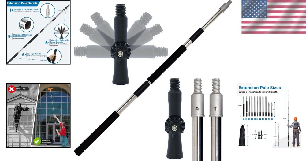 Adjustable 4ft to 12ft Paint Roller Extension Pole with 180-Degree Angle Adapter