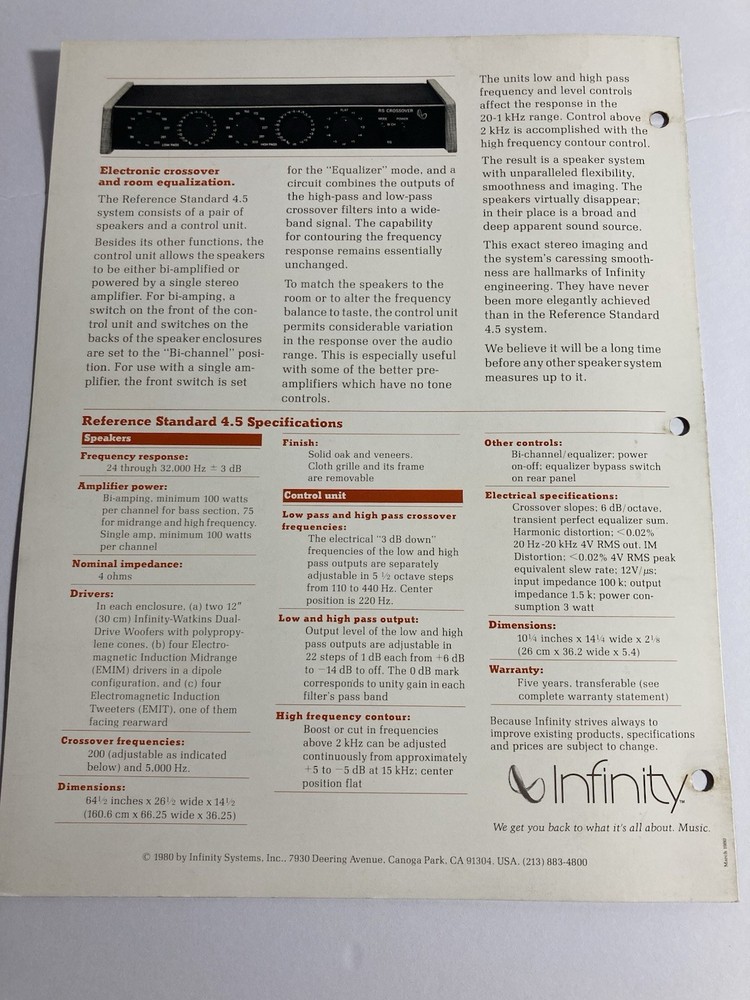 Infinity Reference Standard 4.5 Speakers Brochure 1980 Excellent Condition