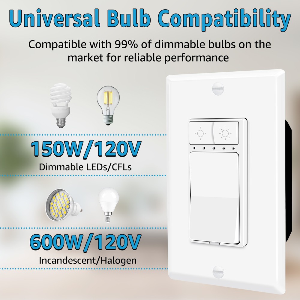2PCS Single Pole Dimmer Switch 5-Level 150W LED/CFL ETL Listed Neutral Wire
