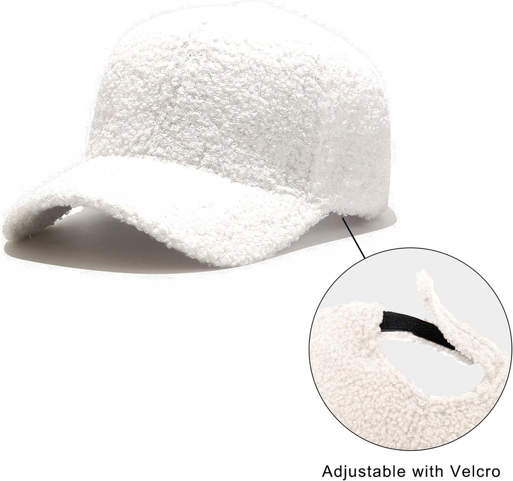 Women Winter Baseball Cap Lamb Wool Warm Dad Hat Adjustable Solid A-white