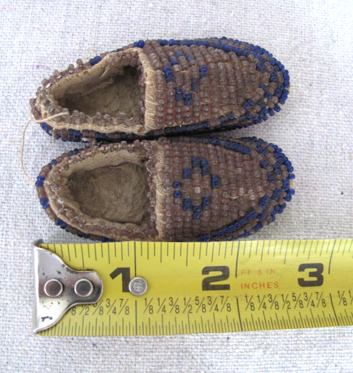 Antique Miniature Beaded on Leather Native American Moccasins 2½" long c. 1910