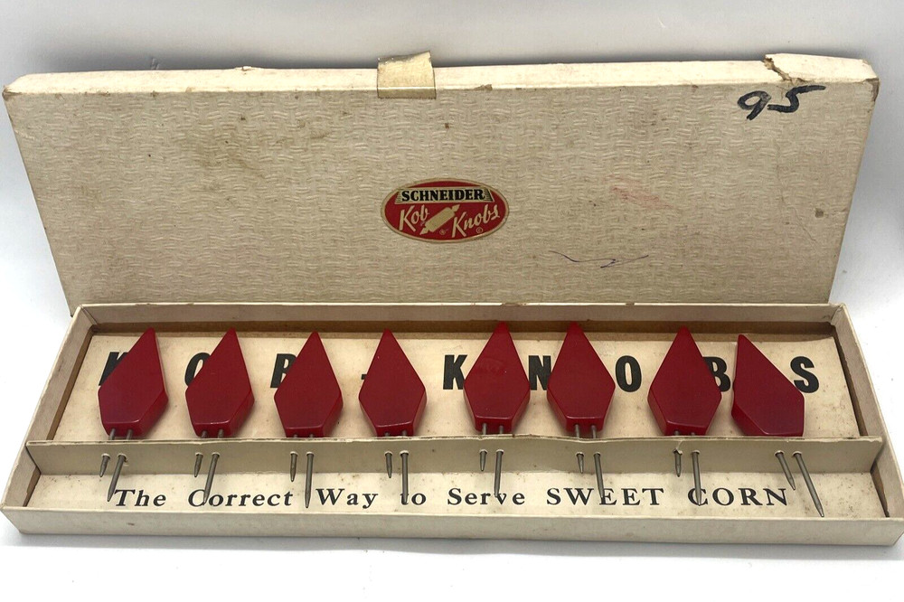 Schneider Red Bakelite Kob Knobs Corn CobHolders Vintage Original Box