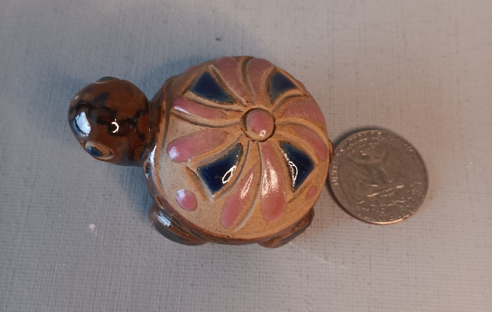 Turtle Figurine Small Embellished Shell Ceramic Pottery Glazed
