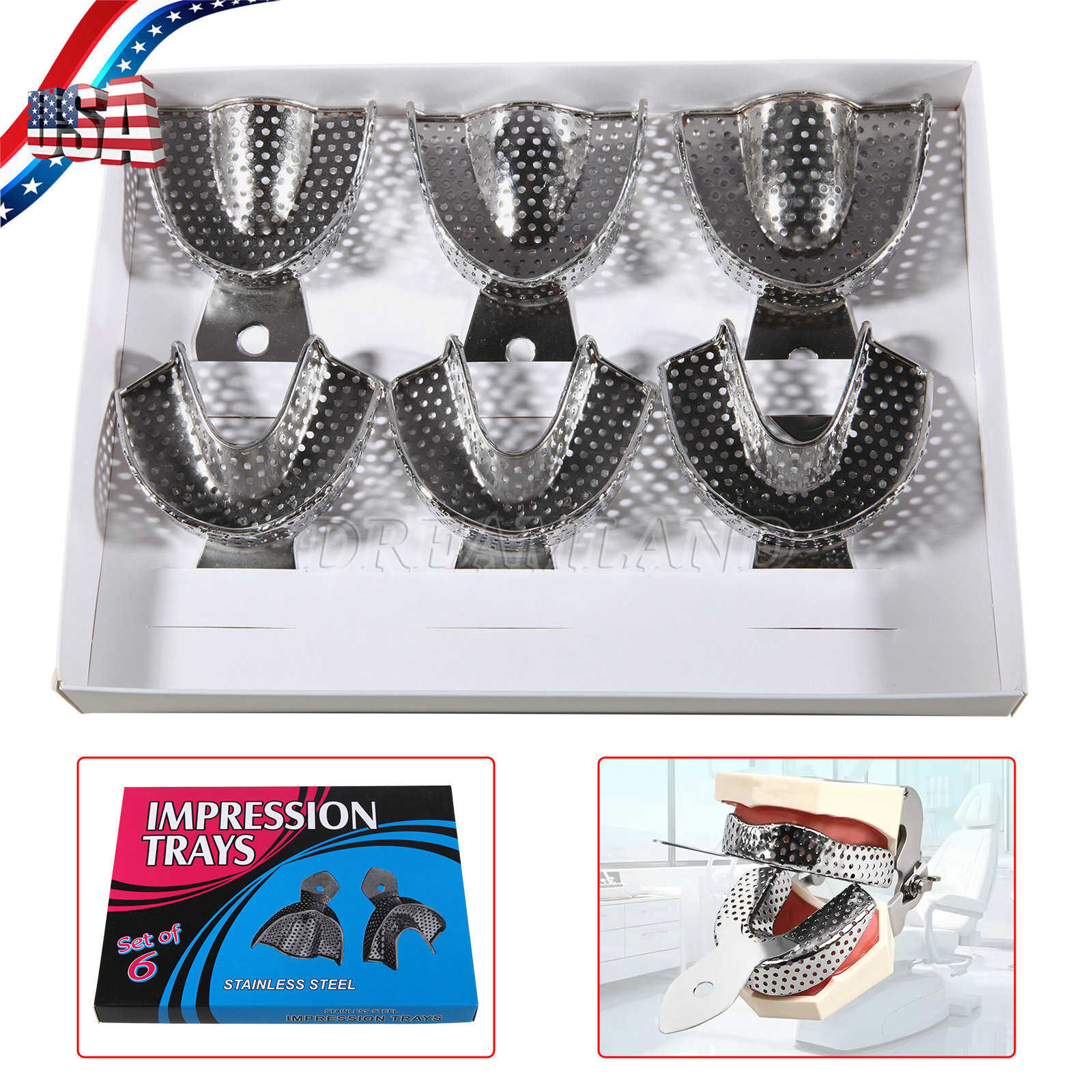 Metal Dental Impression Trays set Perforated Upper & Lower Denture Edentulous