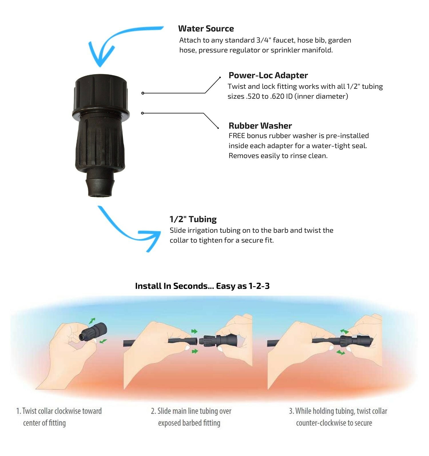 Habitech 1/2 Inch Drip Irrigation Tubing Faucet Hose Adapter 3-Pack