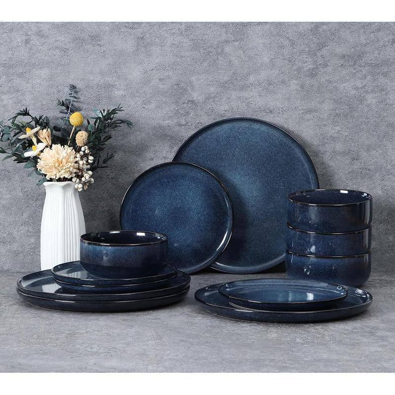 12-Piece Stoneware Dinnerware Set Reactive Glaze Plates Bowls Dishwasher Safe US