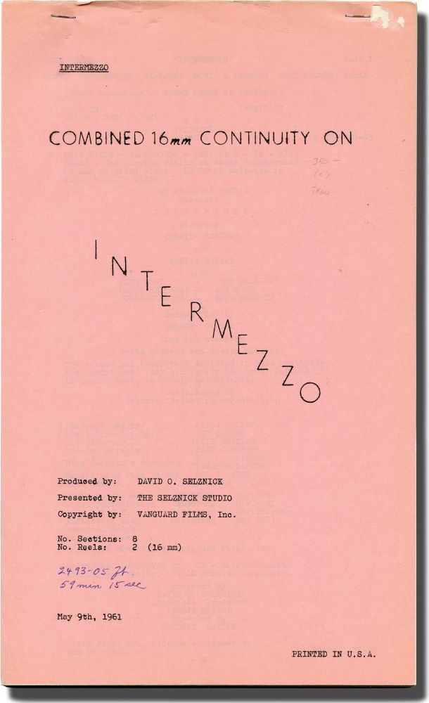 Gregory Ratoff INTERMEZZO Original post-production script for 1961 #130392