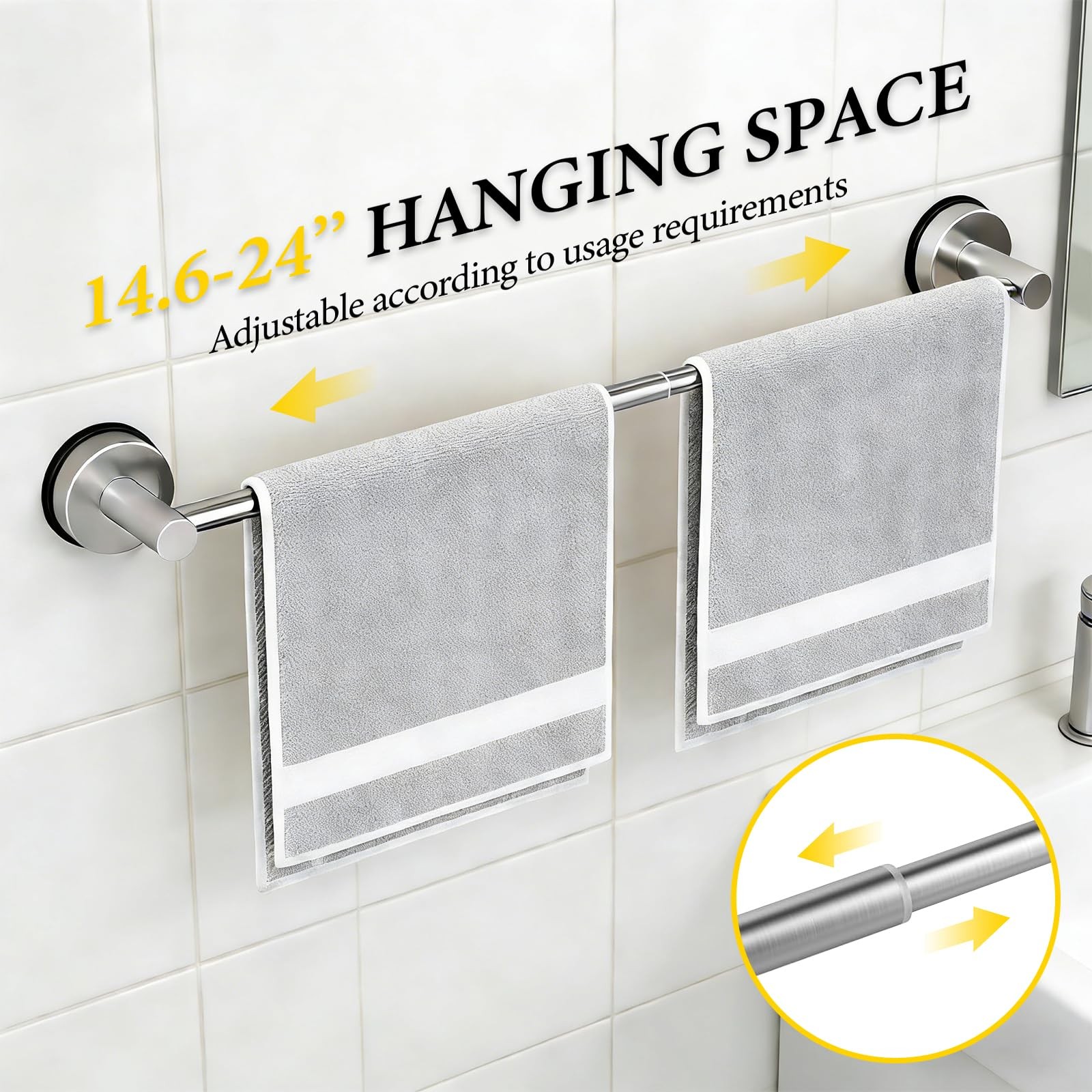 14.6 to 24 Inch Adjustable Towel Bar for Bathroom,Suction Cup Towel Rack for ...