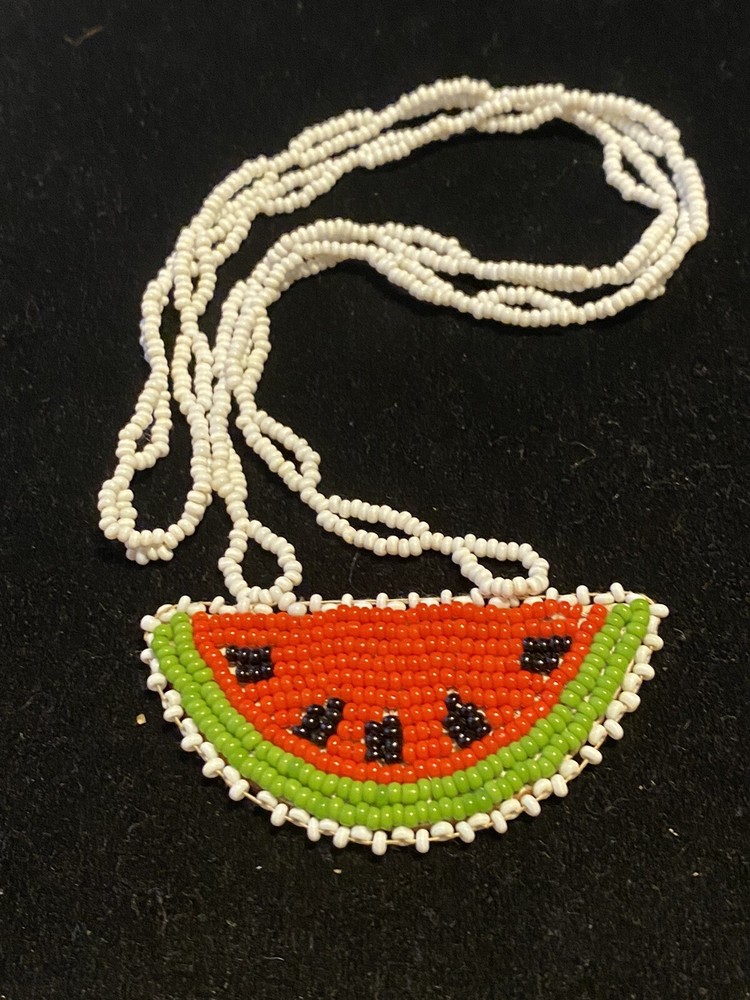 Three seed bead on leather fruit image necklaces