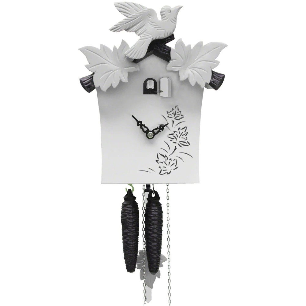 Exquisite Modern White Cuckoo Clock with Handcarved Bird, Handmade Rectangle