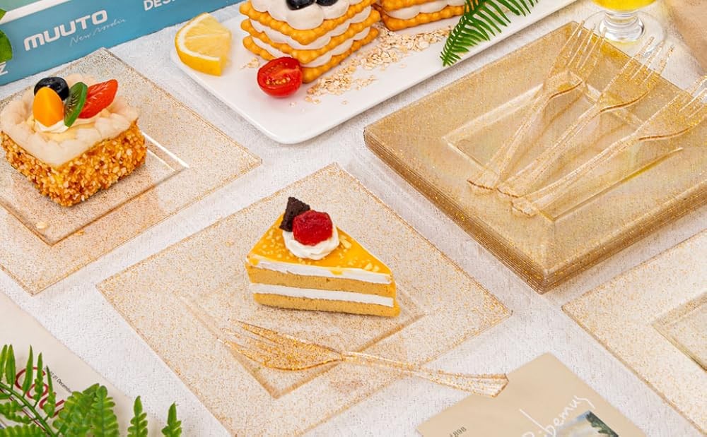 DaYmi Gold Dert Plates Including Appetizer Plates, Plastic Forks,