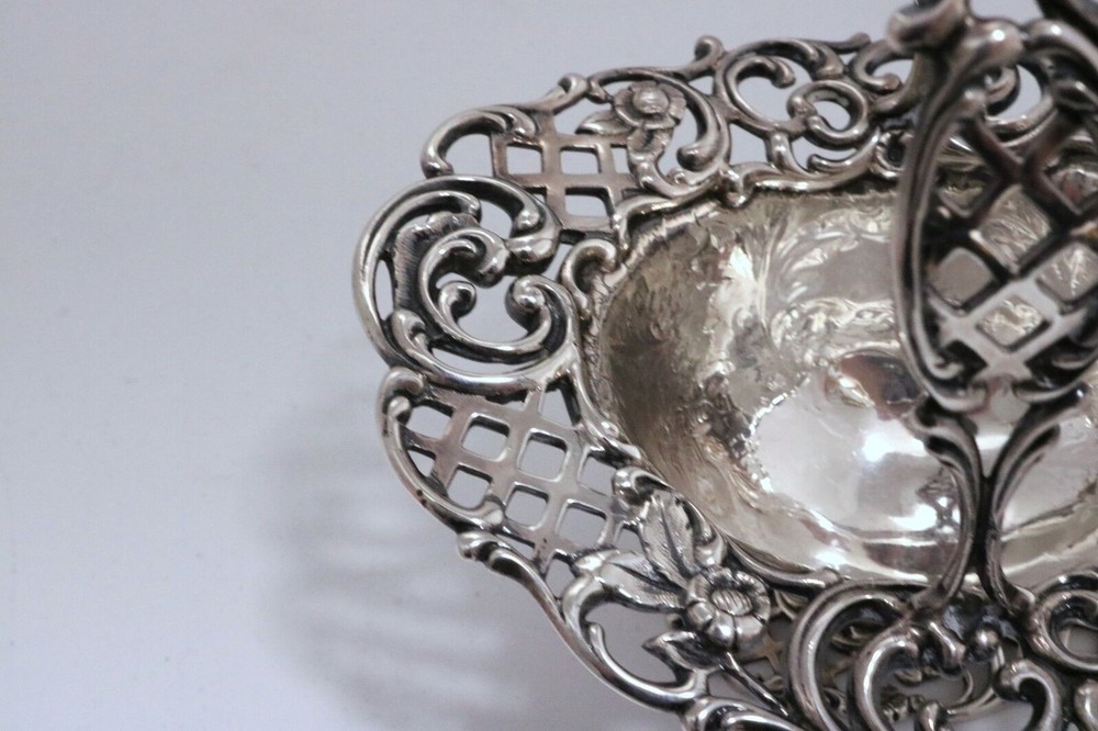 Pair Antique Sterling Silver Sugar Baskets w/ Handles, Engraved Pattern – Heavy