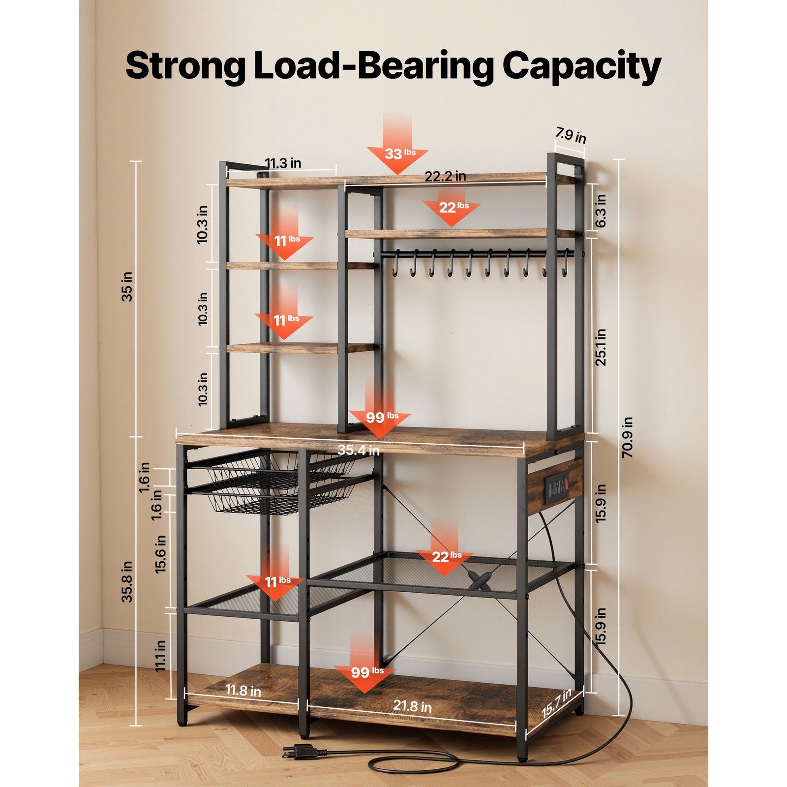 Uimoso Kitchen Bakers Rack with Power Outlet and 5 ft Power Cord