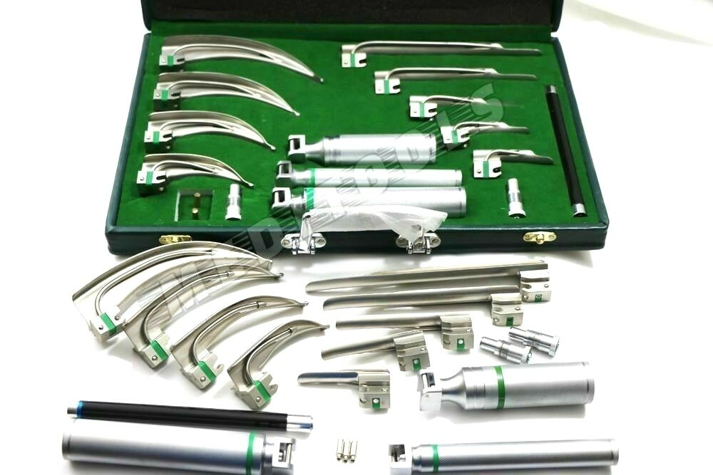 FIBER OPTIC LARYNGOSCOPE MAC + MILLER SET OF 18 EA ! EMT Anesthesia Intubation
