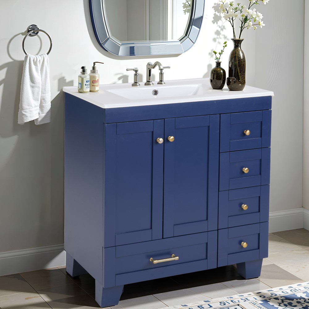 30" Blue Bathroom Vanity w/Ceramic Sink,Soft Close Drawers, Solid Wood Frame