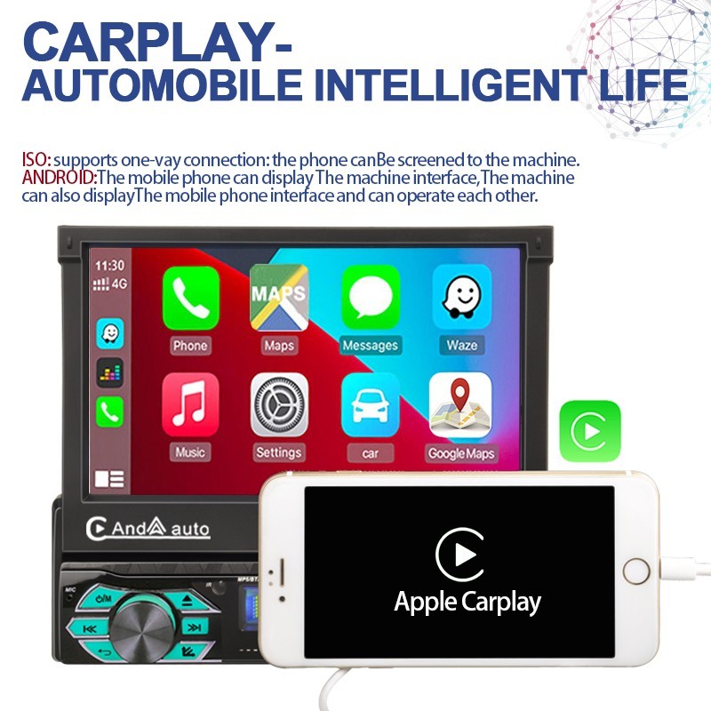 7" MP5 Single Spindle Player Car Electric Telescopic Screen 9601C-CARPLAY
