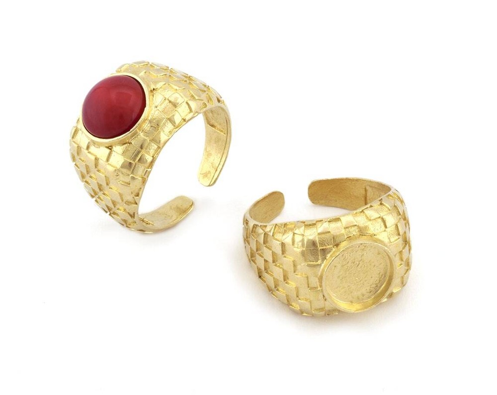 Square Checker Adjustable Ring Round Blank Bezel Setting Raw Brass 4918
