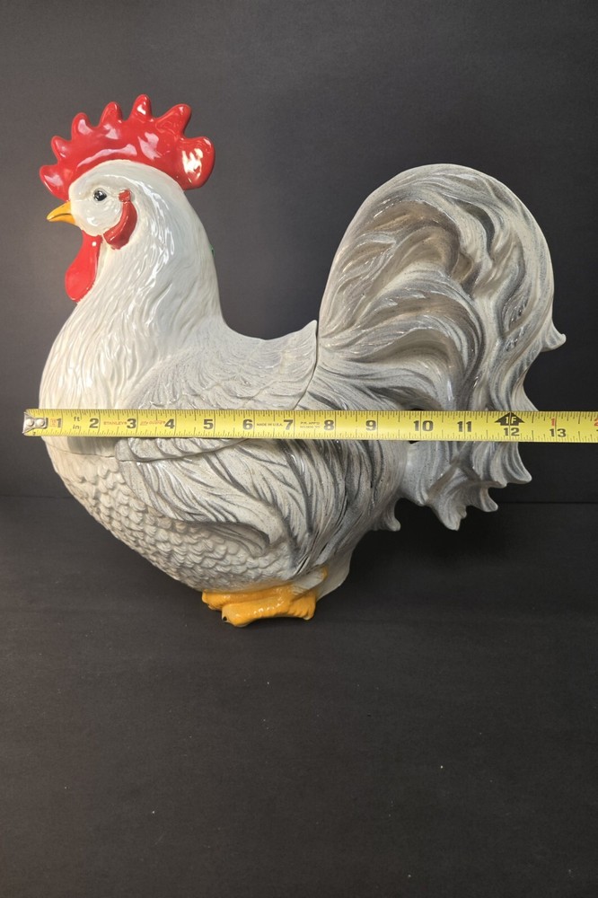 LARGE Vintage White/Grey Ceramic Rooster Lidded Container 15"