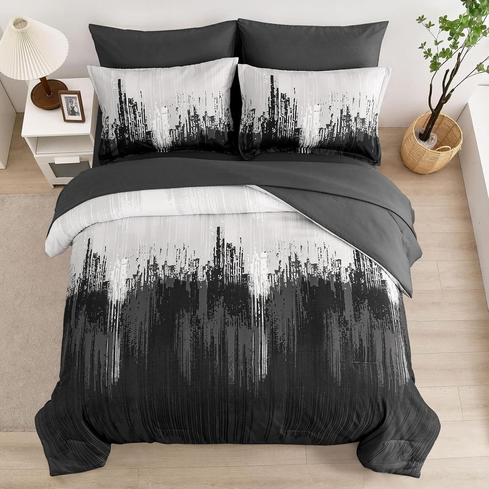WONGS Queen King Comforter Set,Black Grey Abstract Art Gradient Soft Microfiber