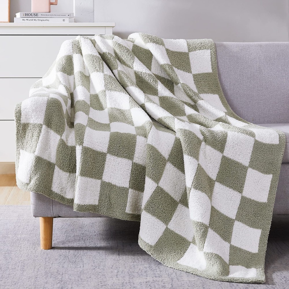 Checkered Throw Blanket, Sage Green Soft Cozy Fluffy Hand Made Throw Blankets...
