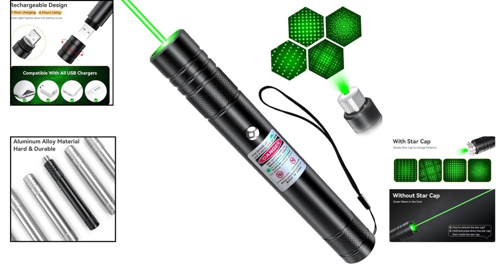 Durable Rechargeable Green Laser Pointer - Long Distance & Starlight Patterns