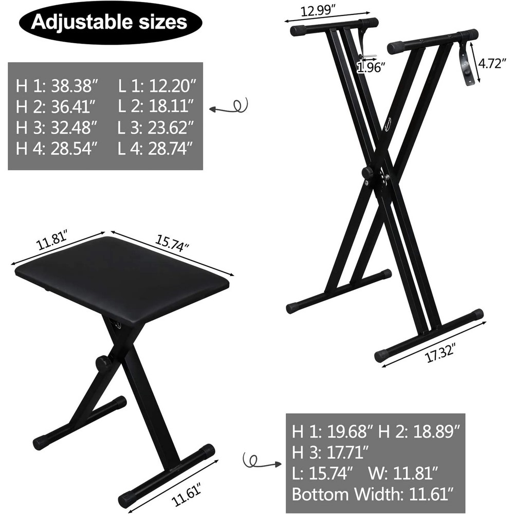 Keyboard Stand Double X Style Adjustable Piano Riser + Piano Bench Set