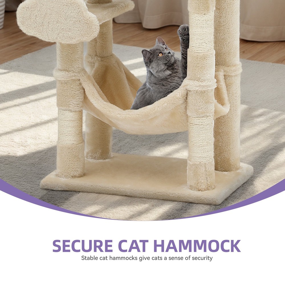 44" Cat Tree Tower, with Scratch Posts, Condo, Hammock, Toys, Beige