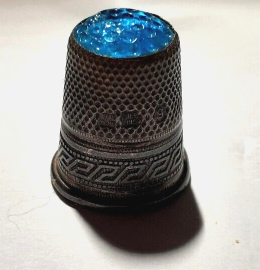 Vintage Solid Silver BLUE CROWN STONE TOP THIMBLE Germany Size 9 Chasing Scrolls