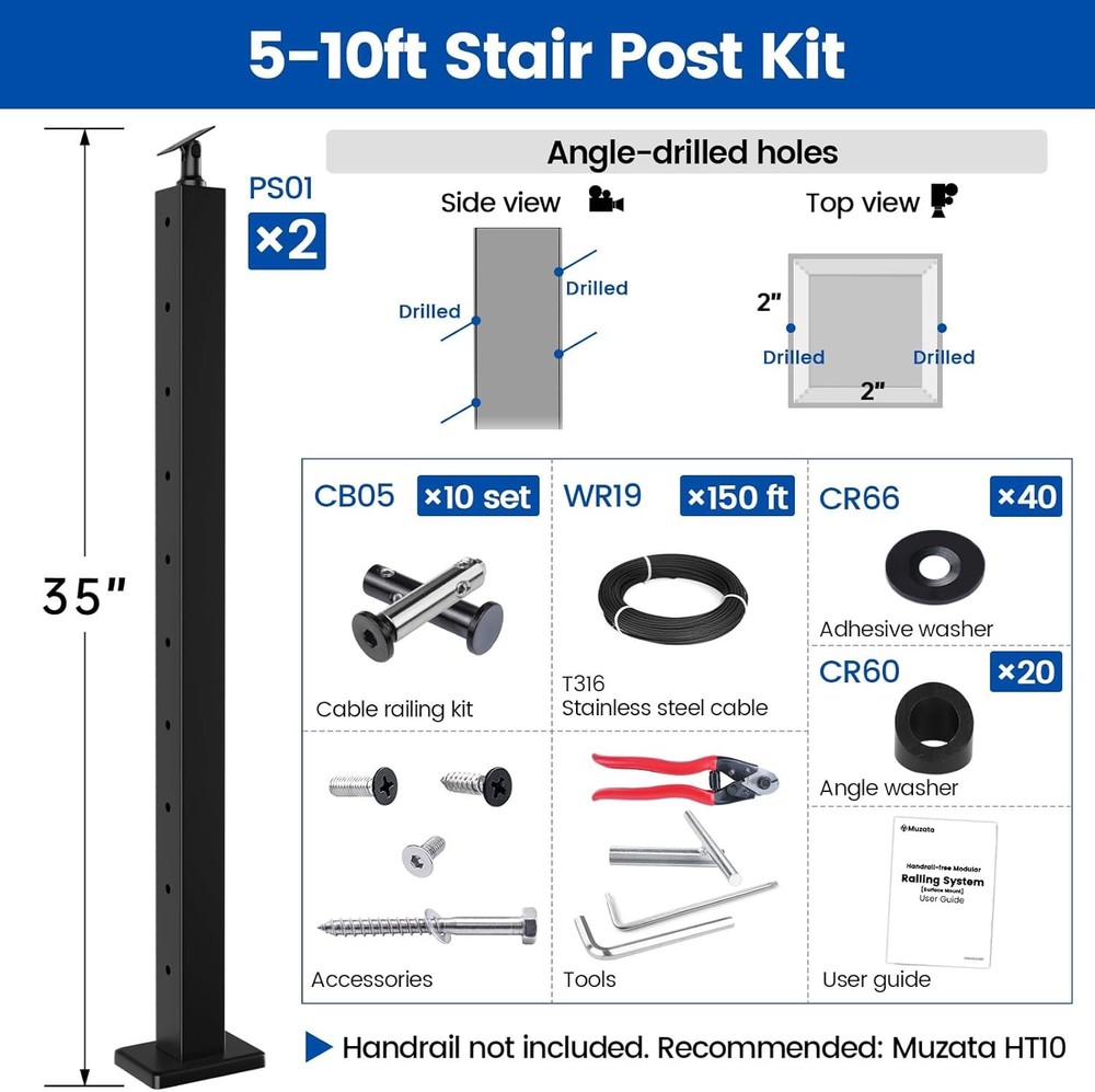 Modular Inch Post Kit Kit Railing 2 Stair Muzata Complete Black 5-10FT Cable 36