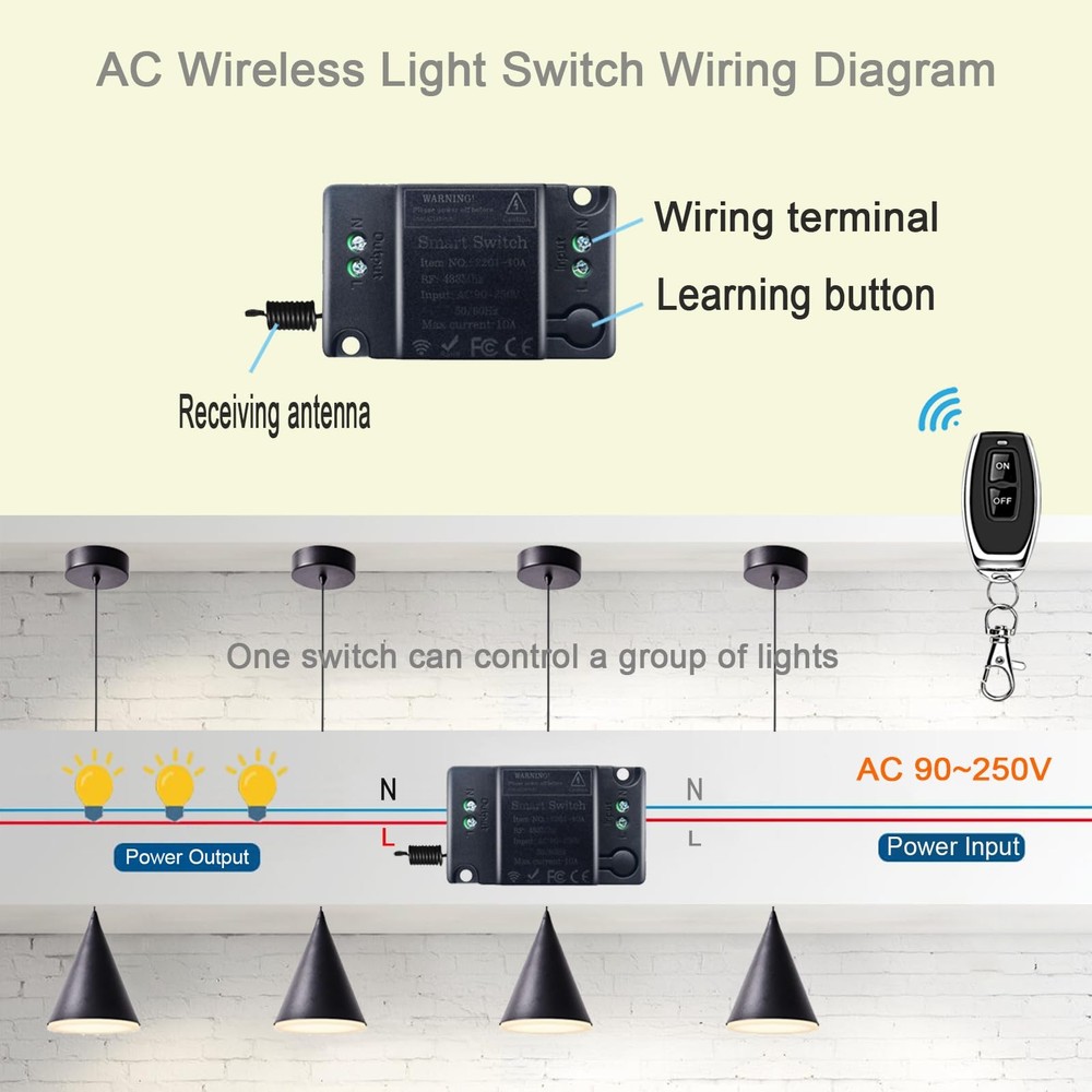 RPTCOTU Wireless Remote Light Switch No Control AC 1 way Black, Black