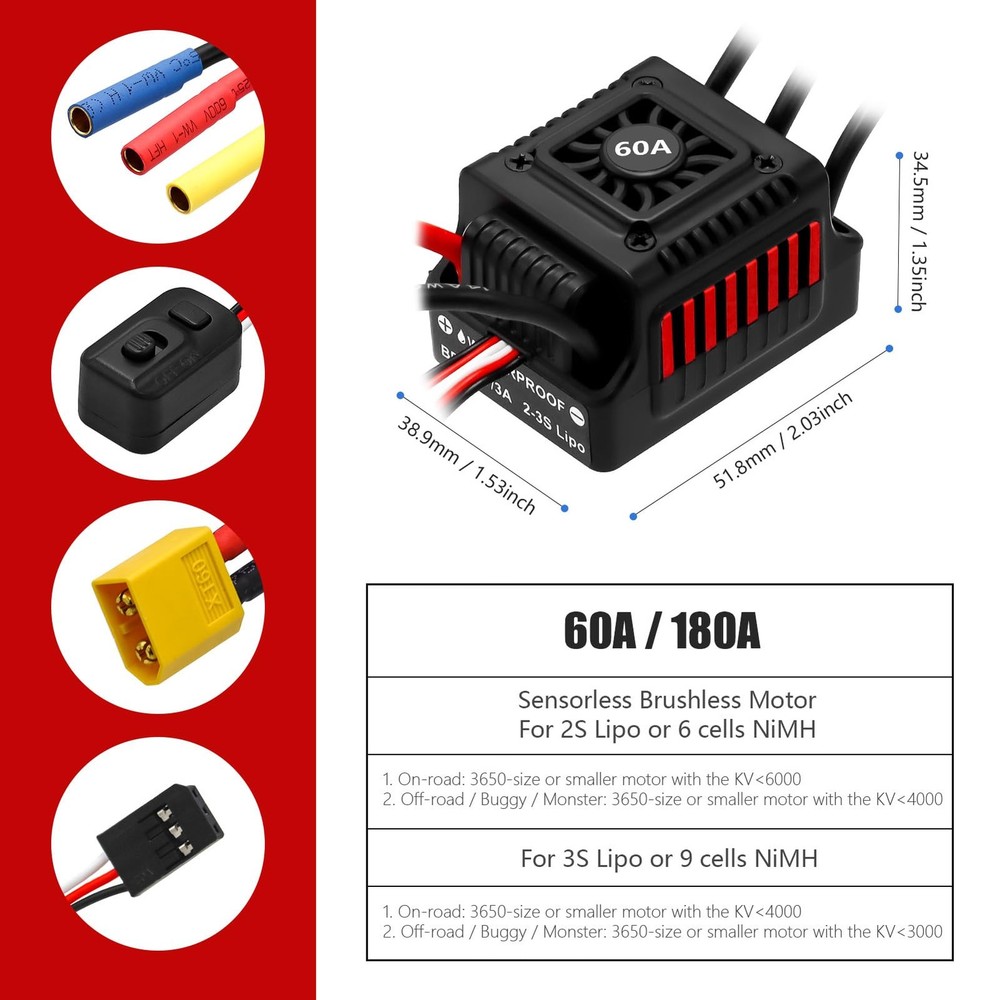Upgraded 60A Brushless ESC 2-3S Electronic Speed Controller with Programming ...