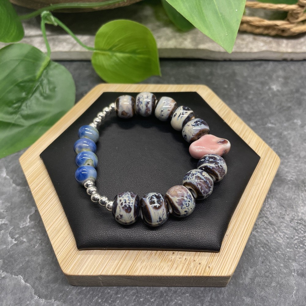 Handmade Ceramic Bead Beaded Stackable 6” Plus Stretch Bracelet New B484