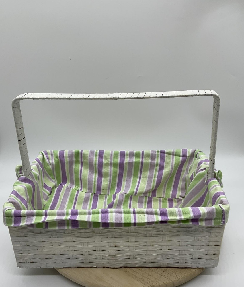 White Wicker Rectangular Basket Handle Lined Striped Fabric Insert Storage Tray