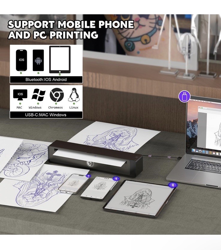 Wormhole Tattoo Stencil Printer Wireless Bluetooth 2,500mAh Battery Portable