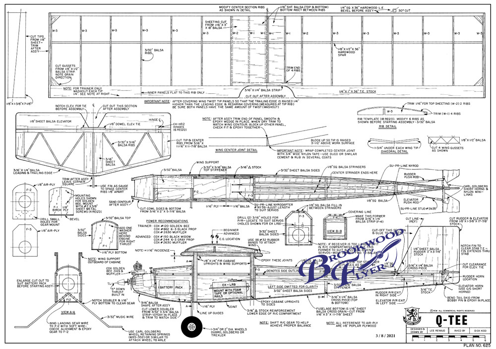 RCM Q-TEE PLAN + PATTERNS & CONSTRUCTION ARTICLE to Build 36" RC Model Airplane