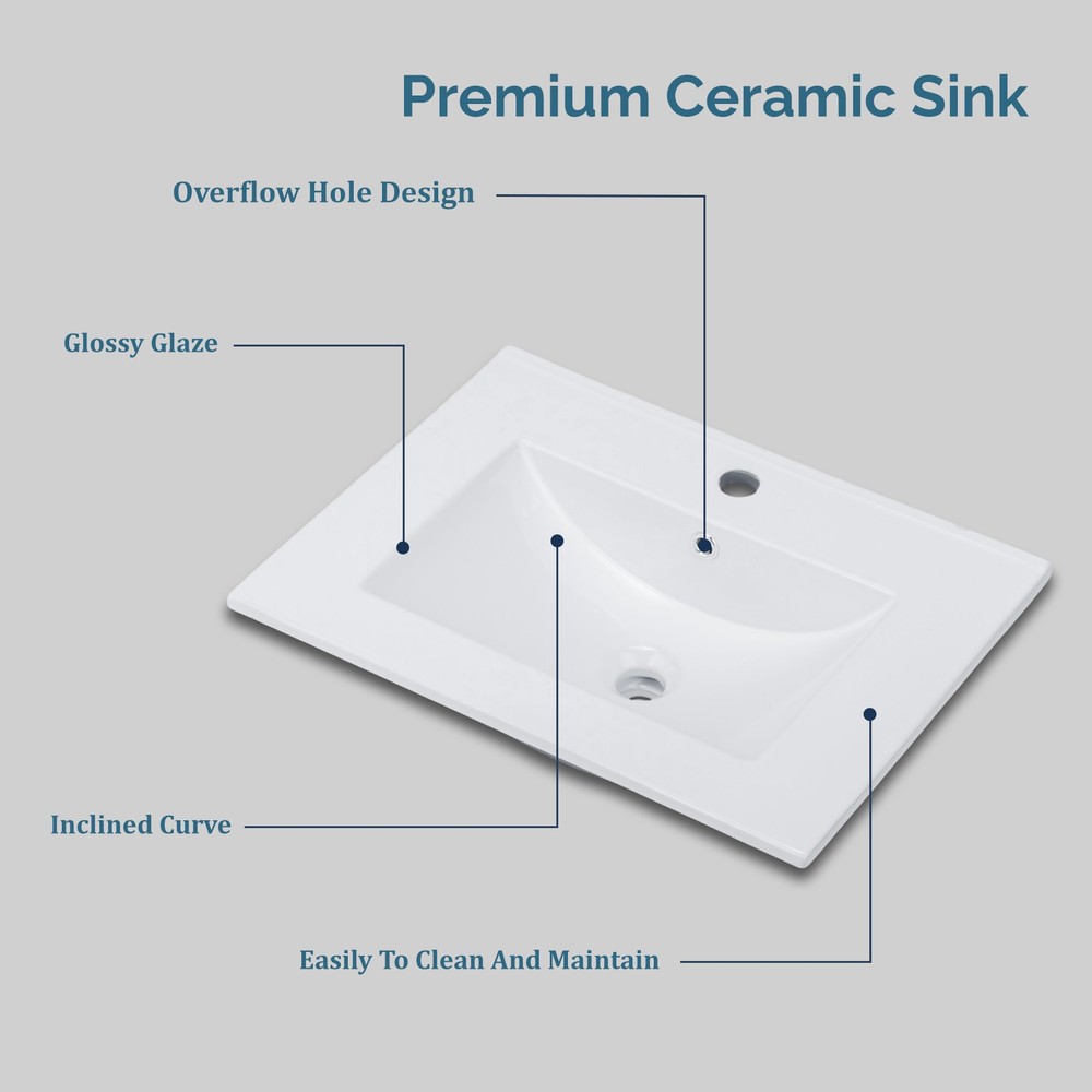 24" Ceramic Vanity Top Sink, Modern Rectangular Bathroom Basin with Faucet Hole