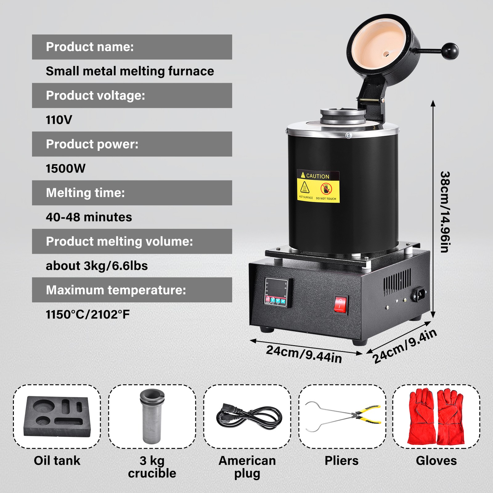 Gold Melting Furnace 1500W Electric Digital Smelting Furnace W/3KG Crucibles
