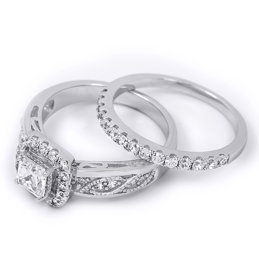 Womens 1.50 Carat CT Round Cut Wedding Band Engagement Ring Set Silver Size 5-9