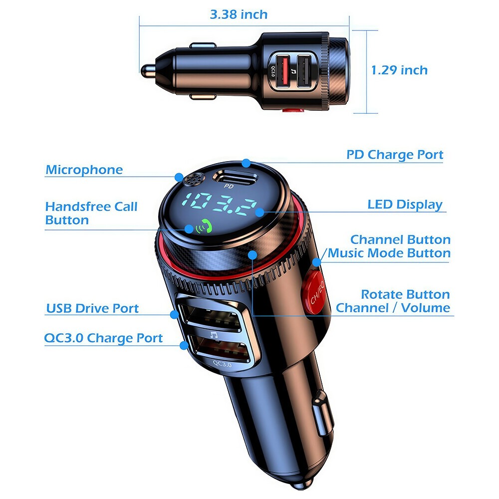 Bluetooth Car Radio Wireless FM Transmitter QC3.0 & PD Fast Charger MP3 Player