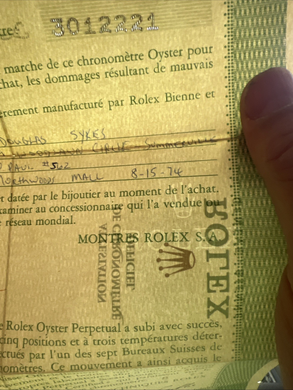 GENUINE Rolex Vintage watch Guarantee Warranty 1974 Certificate #301xxxx