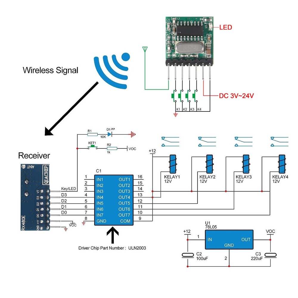 6pcs 433mhz Wireless RF Transmitter and Receiver Wireless 4 Channel Output Li...