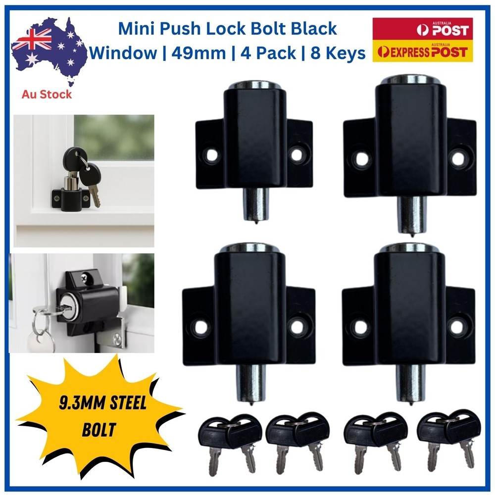 TradeBase Mini Push Lock  Window | Door | Black | 4 Pack
