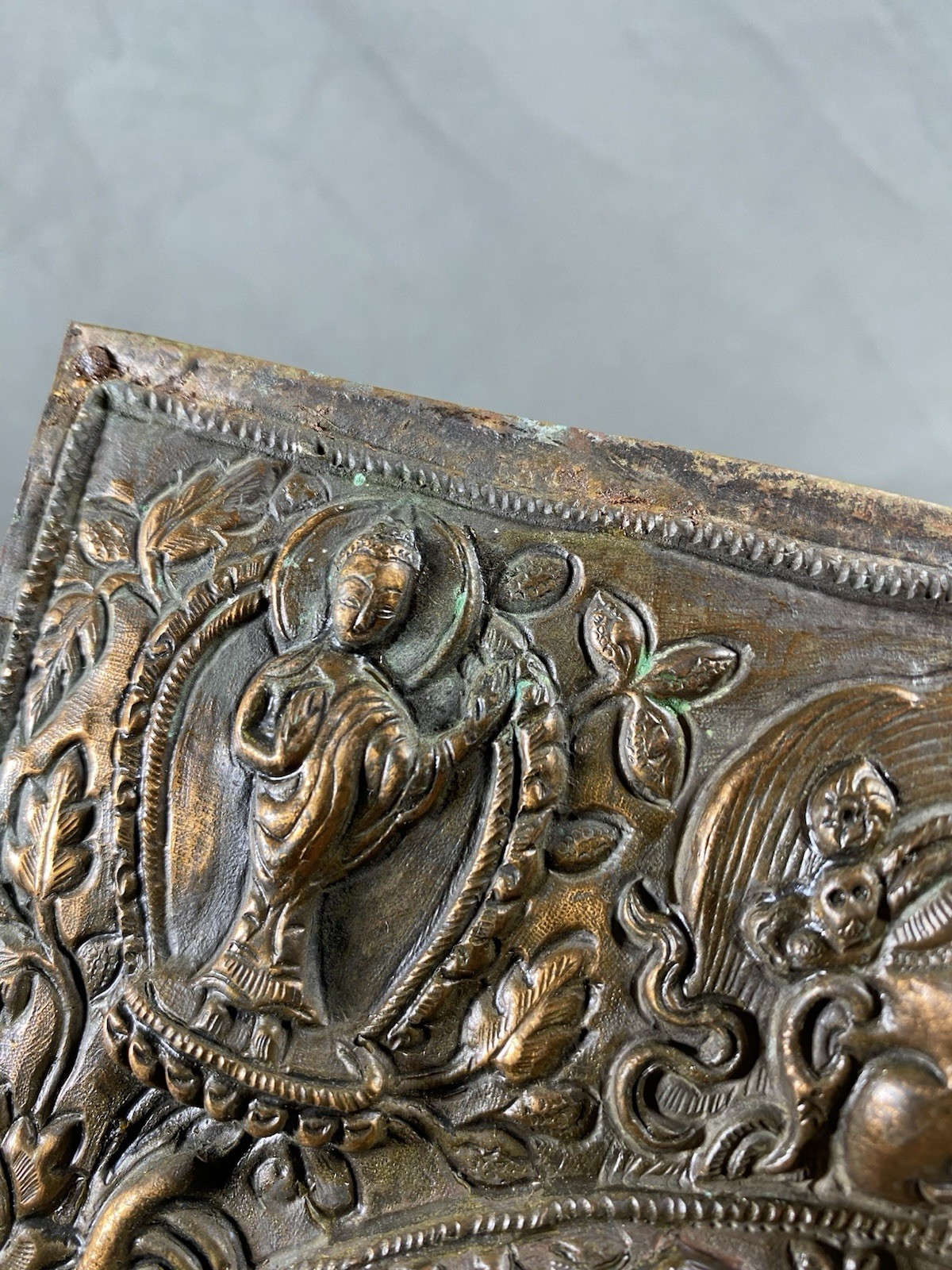 Antique Tibetan Zodiac Repousse Copper Panel Mandala Demonic Deity 10x8”