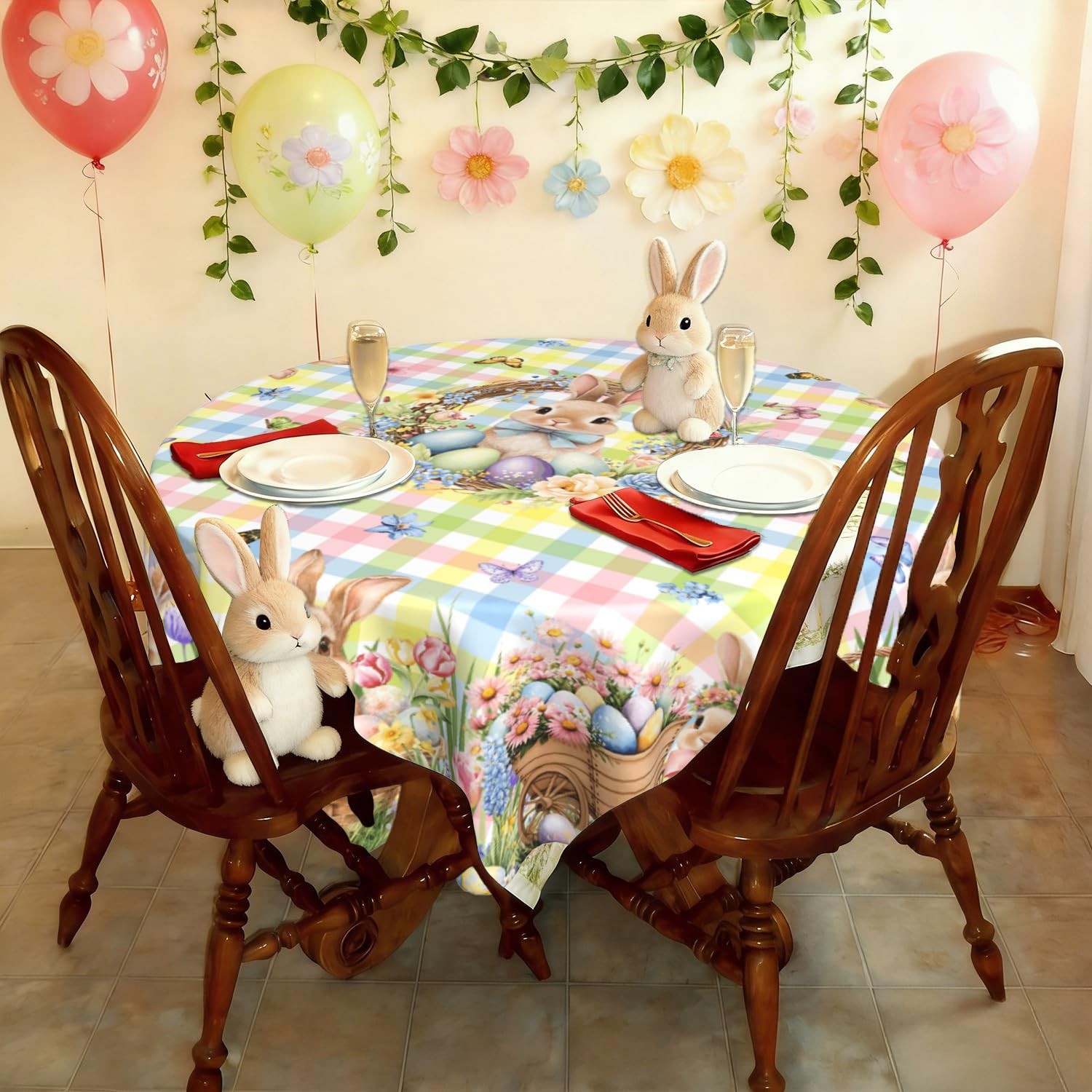 Easter Tablecloth Round 60 Inch Spring Summer 60" (Round), Bunny