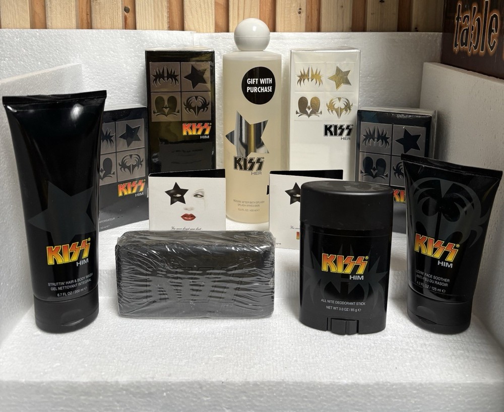 KISS HIM and HER Cologne Bath Splash Black Soap Face Soother Deodorant and more